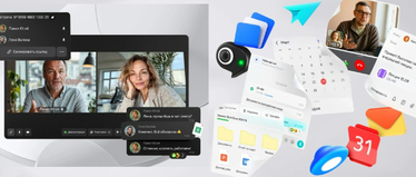 Изображение. Видеозвонок с несколькими участниками, а вокруг уведомления и элементы планировщика. Коммуникации и управления задачами в цифровой среде Яндекс 360 для бизнеса