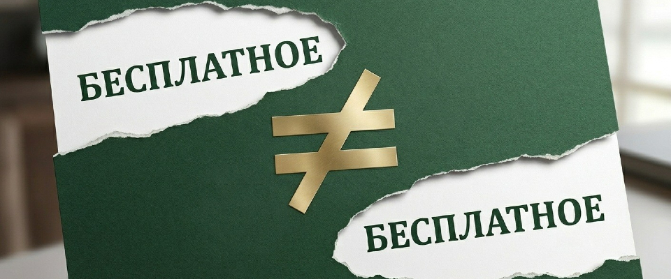 Изображение. На зеленой карточке написано бесплатное не равно бесплатное.