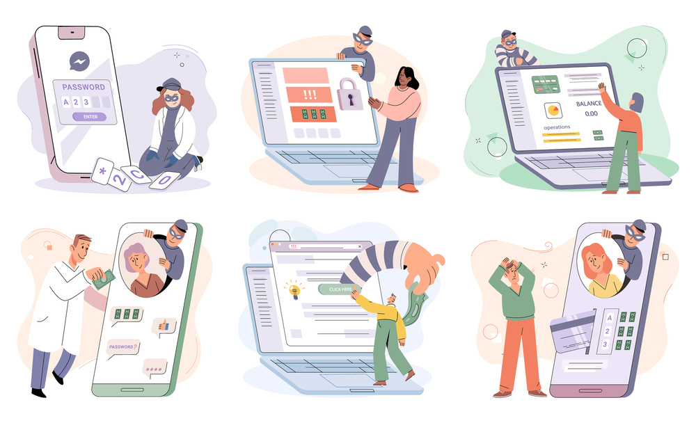 Изображение. Набор иллюстраций с людьми, сталкивающимися с мошенничеством в интернете: фишинг, кража паролей, обман при онлайн-покупках и взлом аккаунтов