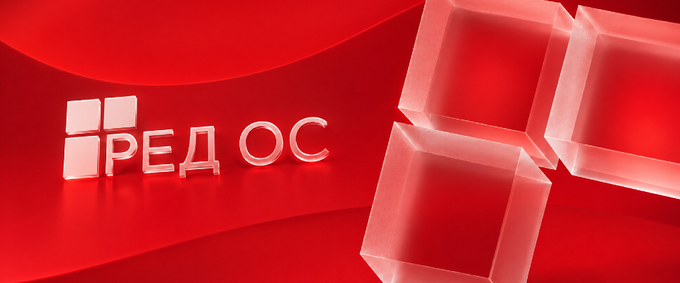 Изображение. Логотип российской операционной системы Ред ОС на красно фоне.