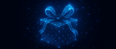 Изображение. Голографический подарок в виде светящейся коробки с бантом на цифровом фоне