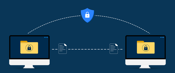 Изображение. Схема защищённого обмена зашифрованными документами между двумя компьютерами через безопасное соединение