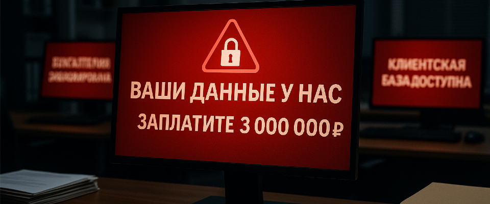 Изображение. Компьютерный экран с предупреждающим сообщением: ВАШИ ДАННЫЕ У НАС. ЗАПЛАТИТЕ 3 000 000 руб.