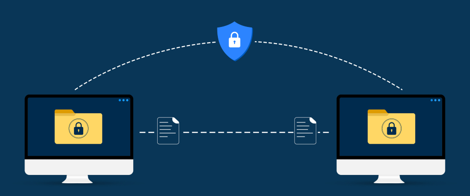 Изображение. Схема защищённого обмена зашифрованными документами между двумя компьютерами через безопасное соединение
